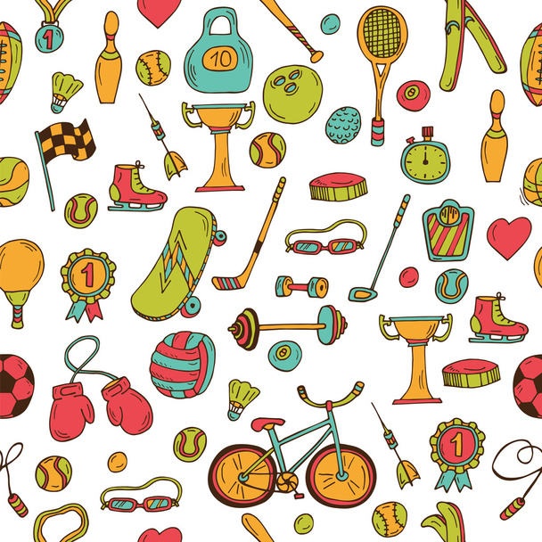 Hand drawn fitness, sport seamless pattern. Doodle icons in sket - Vector, Image