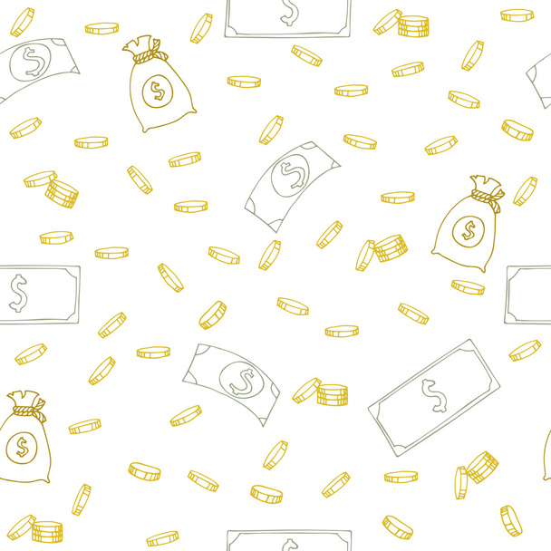 Seamless pattern with money. Hand sketched coins, dollar bills a - Vector, Image