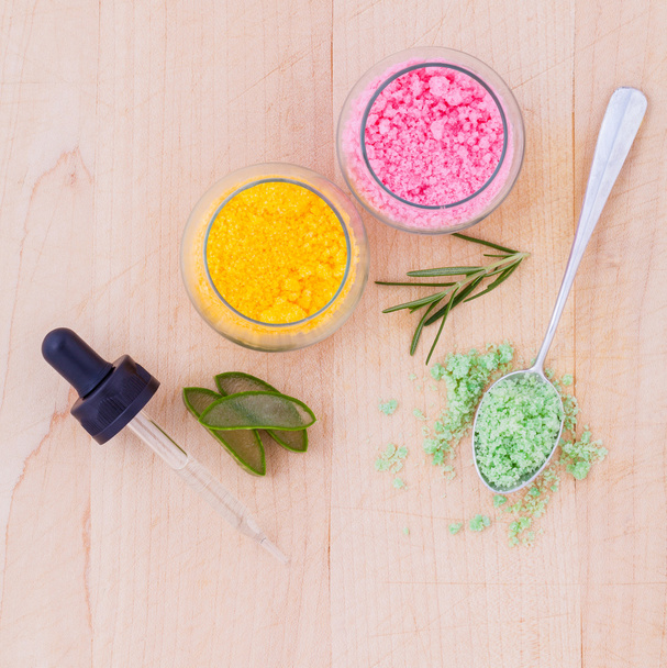 The spa ingredient sea salt and herb on wooden table . - Fotografie, Obrázek