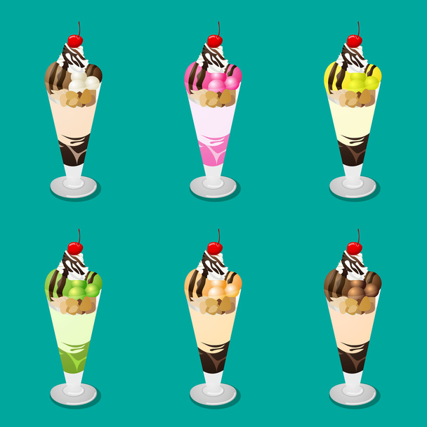 Set of Ice cream Parfait with red cherry on top in six flavor - Vector, Image