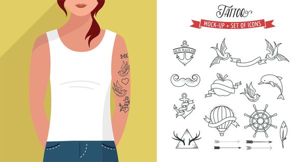 Girl with t-shirt and tattoos set, vector flat template - Vector, Image
