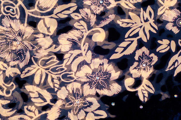 textura tela de seda. azul oscuro con flores pintadas de oro
 - Foto, imagen