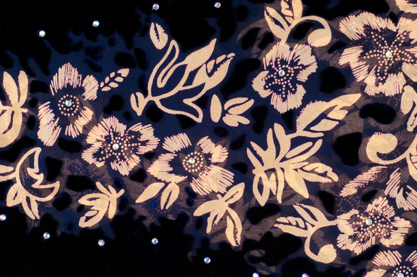 текстура шовкової тканини. темно-синій з позолоченими квітами
 - Фото, зображення