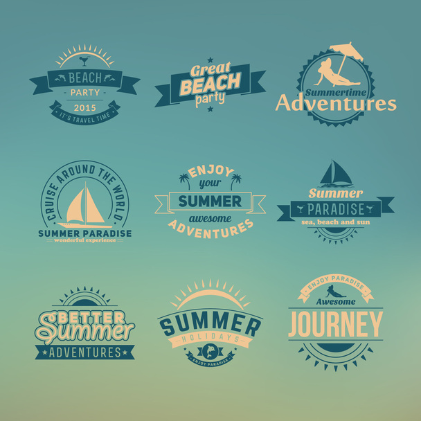 Set of summer retro design elements. Vintage ornaments and labels, tropical paradise, beach vacation, adventure and travel - Διάνυσμα, εικόνα