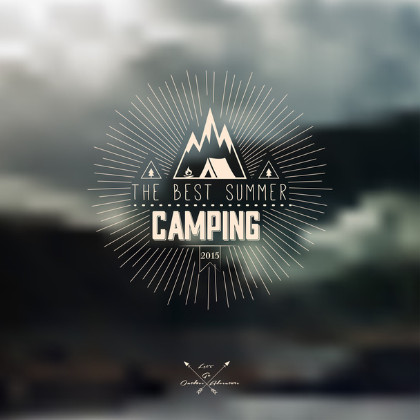 Vector blurred landscape background with summer camping badge  - Vector, Image