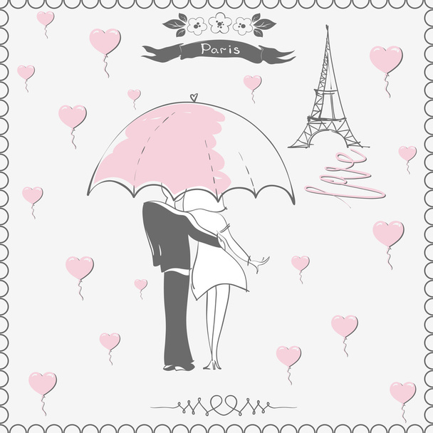 パリの傘の下のカップル. - ベクター画像