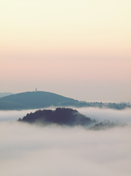 Мистический восход солнца над долиной. Лесные холмы увеличены из тумана, туман окрашен в синий, золотой и оранжевый
. - Фото, изображение