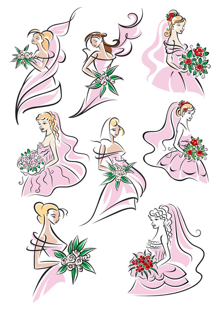 Bride sketches holding bouquet of flowers - Vector, Image