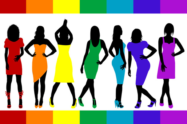 Women silhouettes with rainbow color dresses - Vector, Image