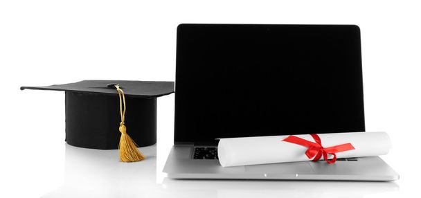 Graduation cap with laptop and diploma isolated on white - Photo, Image