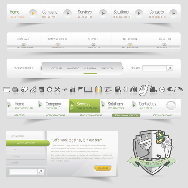 Web design template navigation set with icon set - Vector, Image