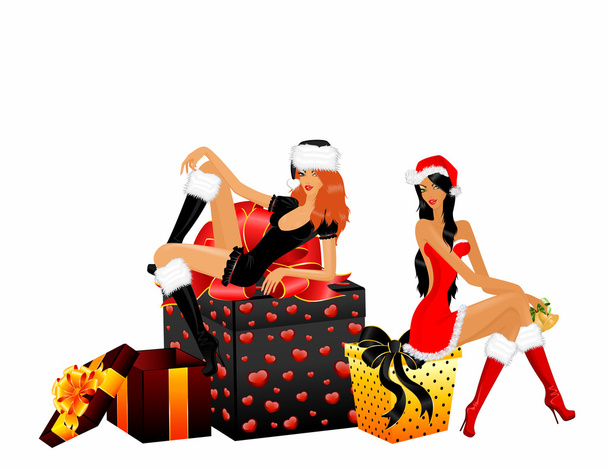 Beautiful snow Maidens and gifts with a bow on a background for Christmasti - Vector, Image