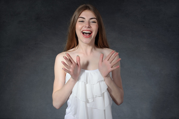 Joy, delight, surprise concept. Woman laughing  - Zdjęcie, obraz