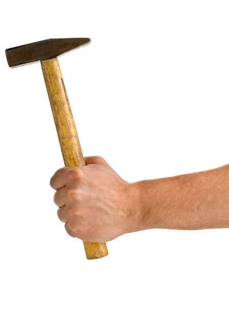 Man holding hammer isolated on white - Foto, Bild