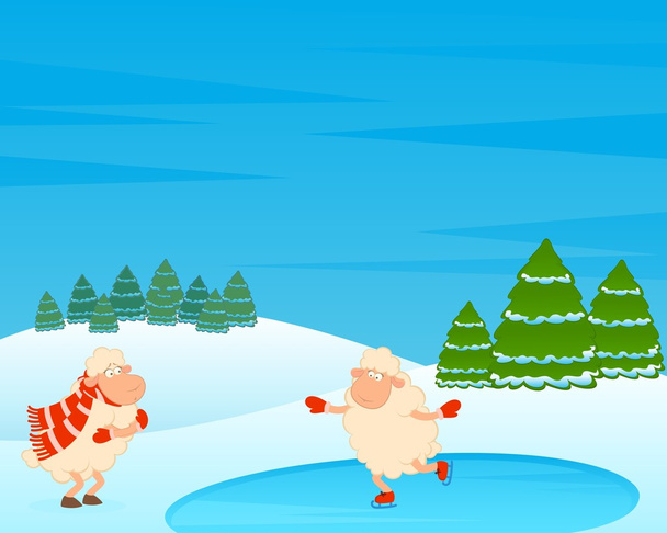 Мультфильм смешные овцы ездит на коньках. Векторная иллюстрация
 - Вектор,изображение