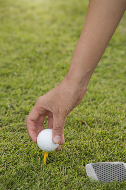 Hand hold golf ball with tee on course, close-up - Photo, Image