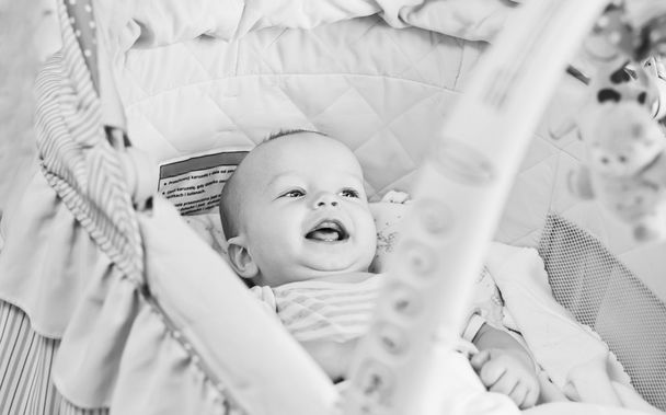 揺りかごの中で横になっている幸せな赤ちゃん - 写真・画像