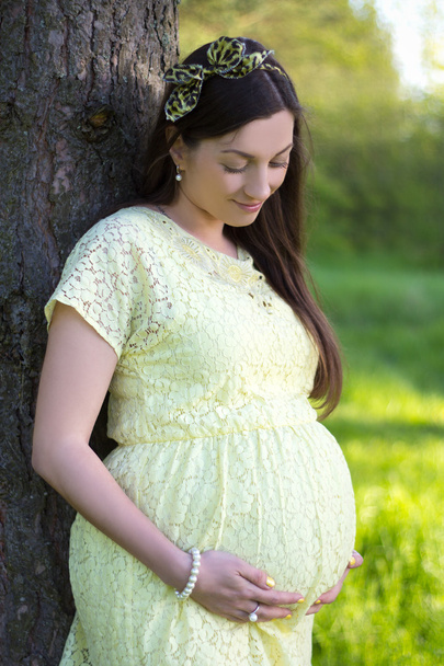 portrait of beautiful pregnant woman standing near the tree in f - 写真・画像