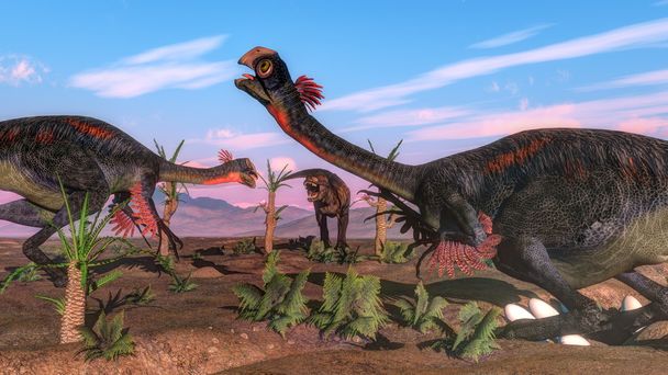 Tyrannosaurus rex атакует гигантского динозавра и яйца - 3D рендеринг
 - Фото, изображение
