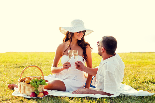 smiling couple drinking champagne on picnic - Fotó, kép