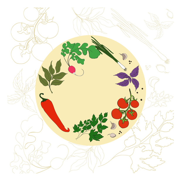 Rzodkiewki, cebula, pietruszka, czosnek, pomidory, bazylia, papryka - dekoracyjny kompozycja na gastronomiczny temat. - Wektor, obraz