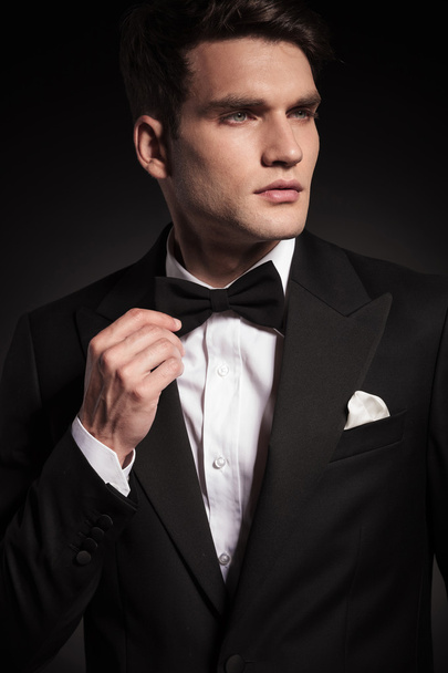 Handsome young elegant man fixing his bowtie. - Photo, Image