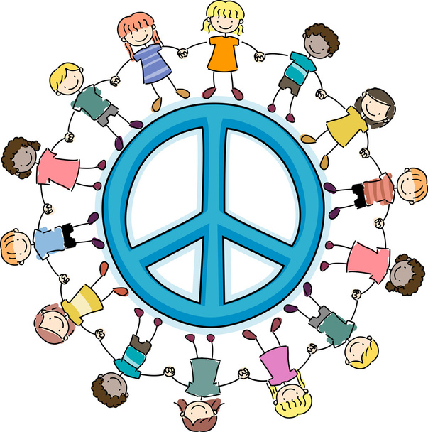 Lapset ympäröivät rauhanmerkkiä
 - Valokuva, kuva
