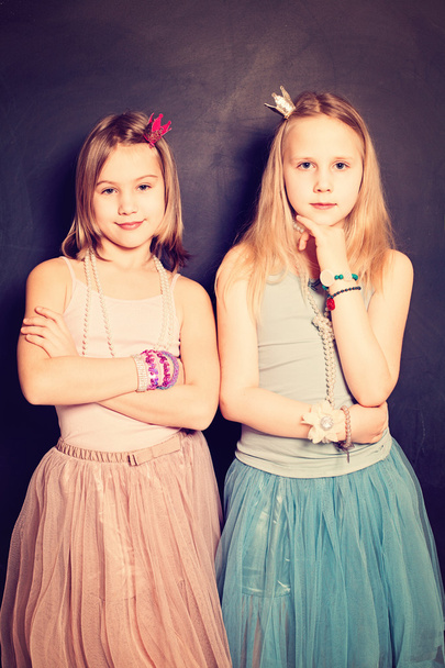 Прекрасні дівчинки сестри. Дві Симпатичні молоді дівчинки підлітка із друзями - Фото, зображення