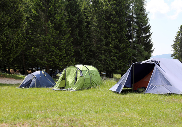 лагерь бойскаутов с палатками для ночлега во время летнего лагеря
 - Фото, изображение