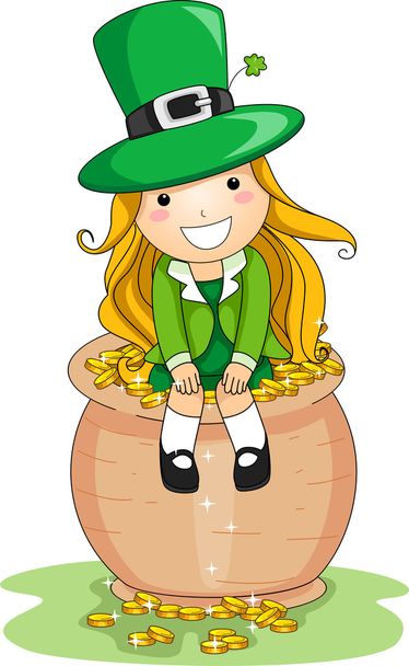 Girl Sitting on a Pot of Gold - Photo, Image