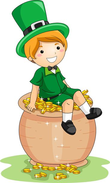 Menino sentado em um pote de ouro
 - Foto, Imagem
