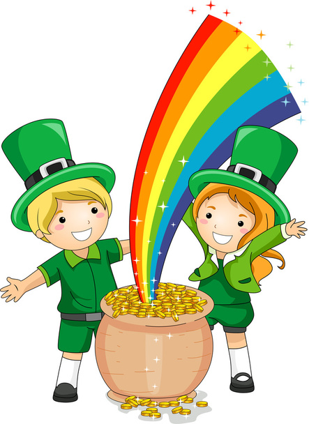 Kids Standing in Front of a Pot of Gold - Photo, Image