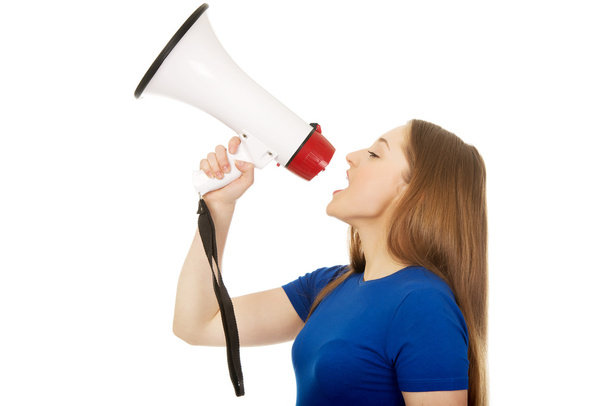 Screaming young woman with megaphone. - Fotoğraf, Görsel