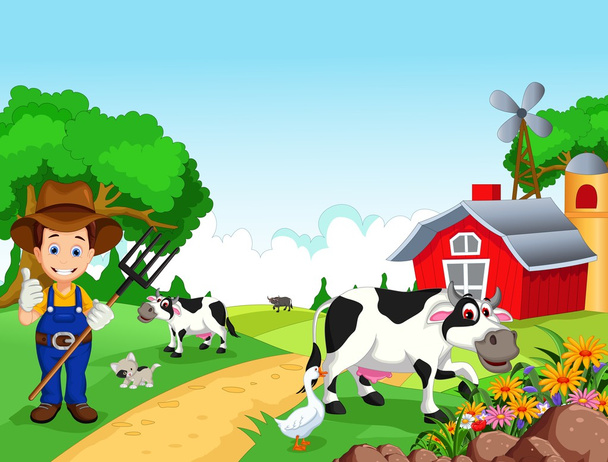 Фермерський фон з фермером і тваринами
 - Вектор, зображення
