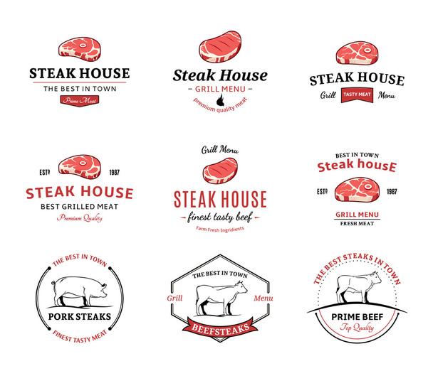 Grill Steak logók, feliratok, és a Design elemeket. Steak, grill és Grill Steakhouse Címkék - Vektor, kép