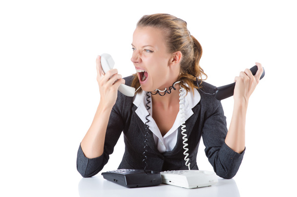 Гарненький офісний менеджер розмовляє по телефону ізольовано на білому
 - Фото, зображення
