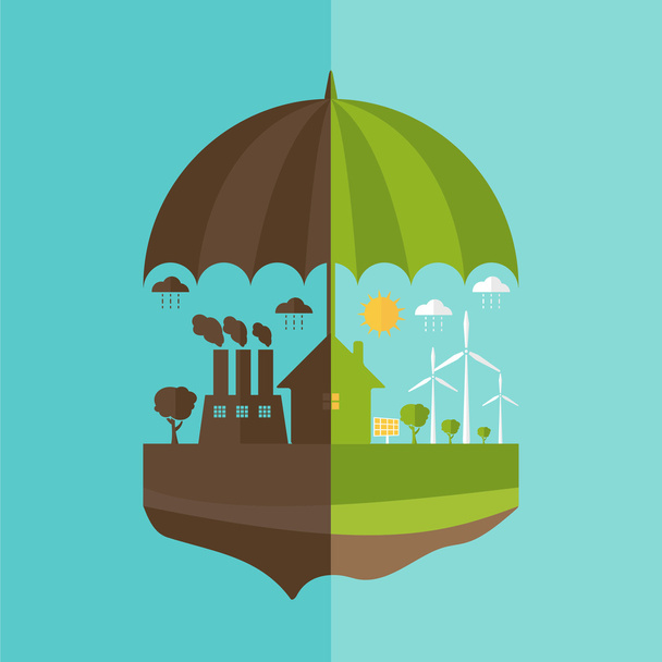 Illustrations concept of umbrella and earth with icons of ecolog - Wektor, obraz