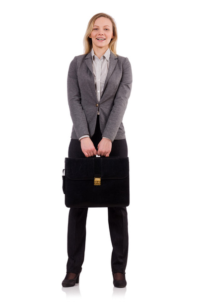 Pretty office employee with briefcase isolated on white - Zdjęcie, obraz