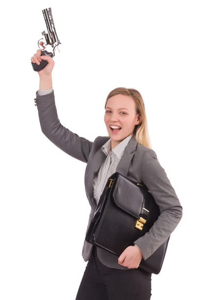 Evrak çantası ve üzerinde beyaz izole tabanca ile güzel ofis çalışanı - Fotoğraf, Görsel