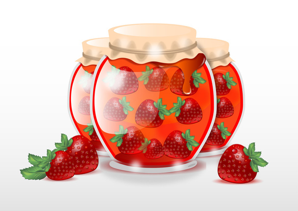mermelada de fresa en frasco de vidrio - Vector, Imagen