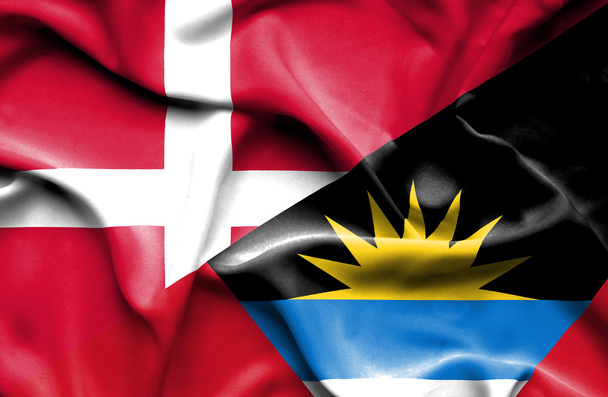 Waving flag of Antigua and Barbuda and Denmark  - Foto, Imagem