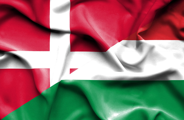 Waving flag of Hungary and Denmark - Photo, Image