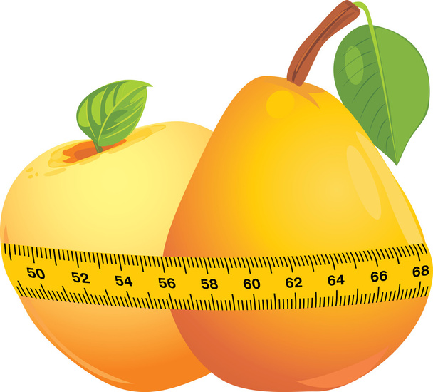 Apple and pear with measuring tape - Vector, Image