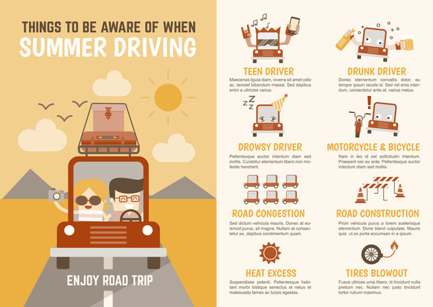 Infographics cartoon karakter zomer rijden - Vector, afbeelding