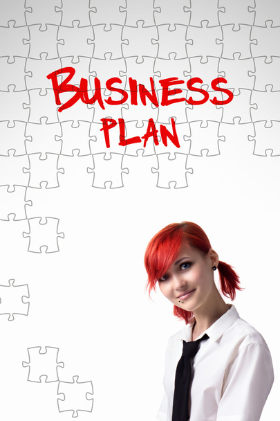 Meisje en de woorden Business Plan - Foto, afbeelding