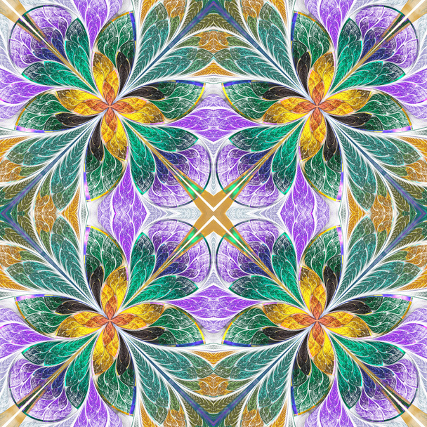 Multicolored symmetrical pattern in stained-glass window style on light. Computer generated graphics. - Photo, Image