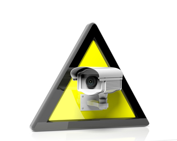 Güvenlik kamerası izole sarı bir uyarı işareti - Fotoğraf, Görsel