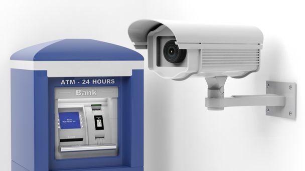 Bezpečnostní kamery a Atm stroj izolovaných na bílém pozadí - Fotografie, Obrázek