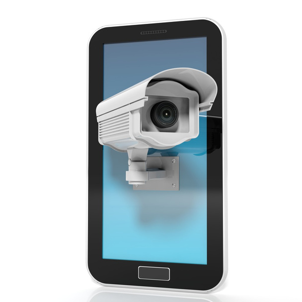 Überwachungskamera auf Tablet-Bildschirm isoliert auf weißem Hintergrund - Foto, Bild