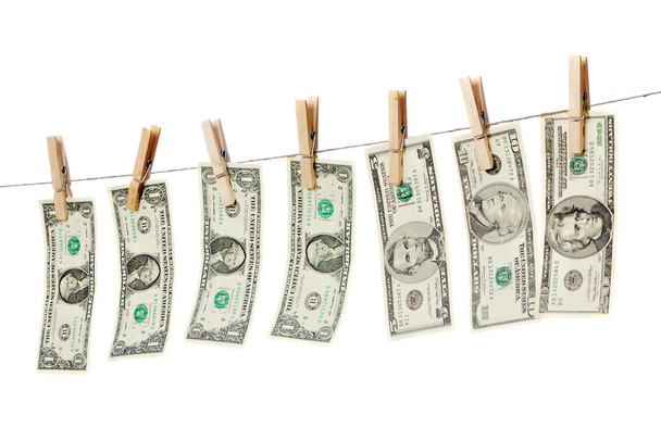 Money on clothes line isolated - Foto, afbeelding